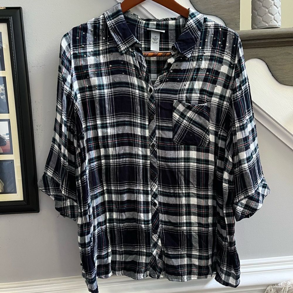 Catherines Rayon Plaid Studded Button Down Shirt sz 1X